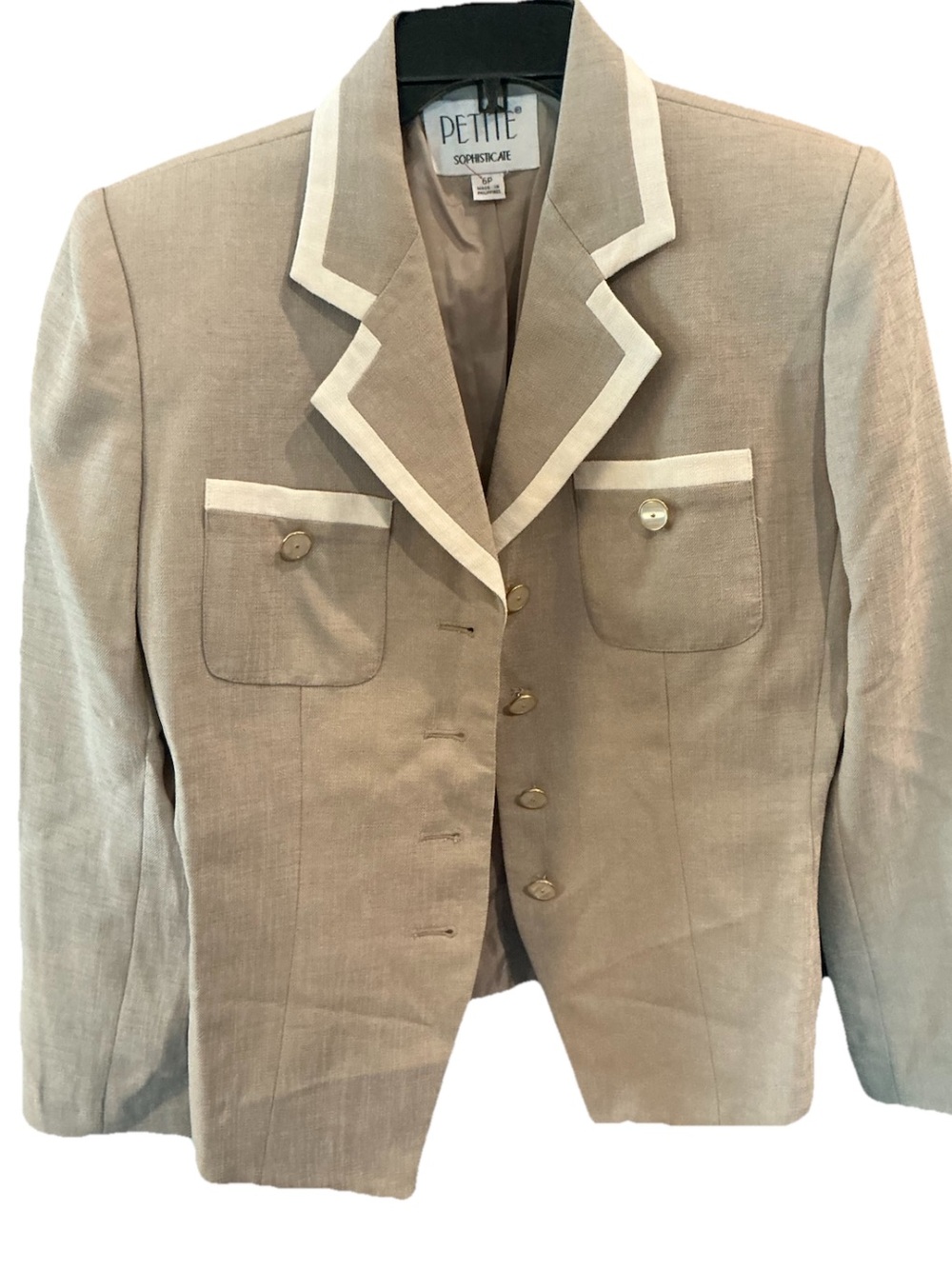Vintage Petite Sophisticate Taupe Blazer Jacket Women’s 6P Contrast Trim Career